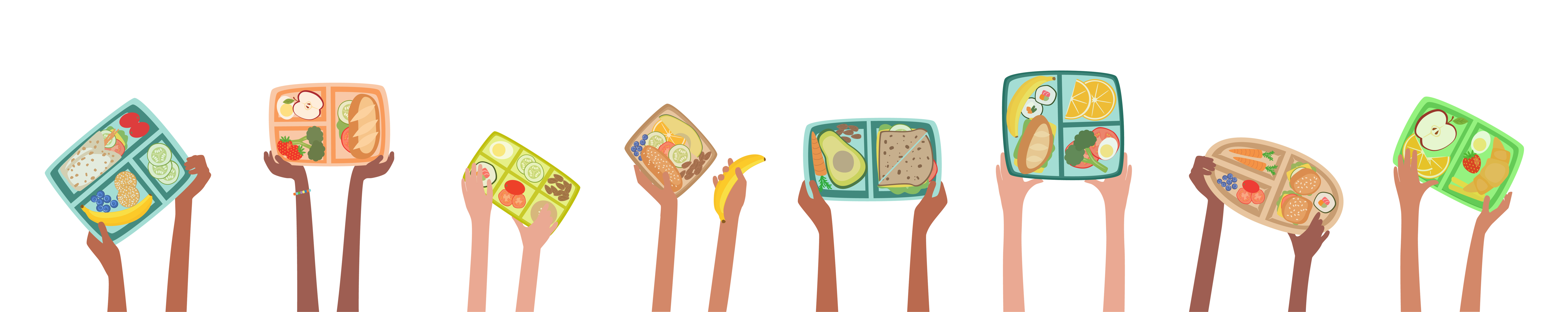 Cartoon drawing of children hands holding up their lunch trays