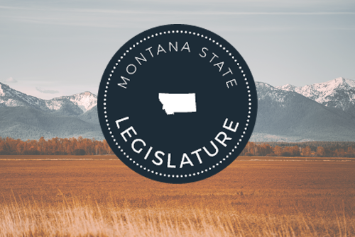 State of Montana Legislature logo over an image of Montana field with mountains in the distance