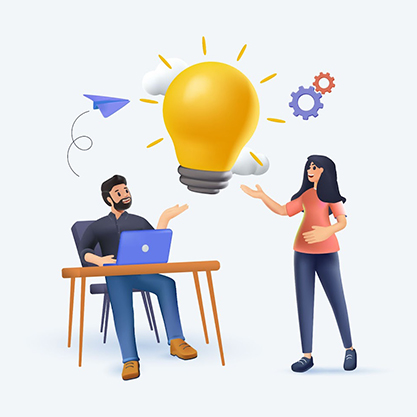 Illustration of a man on a laptop and a women coming up with an idea.