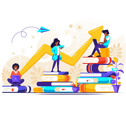 Illustration of women climbing up books, indicating growing in knowleldge