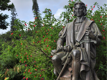 Bronze statue of Christopher Columbus in a garden in Funchal, Madeira