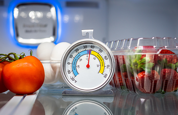 Fruit and eggs in a refrigerator with a thermometer showing the temperature is close to being too high