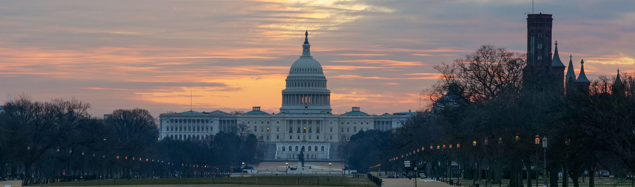 The United States capital building at sunset