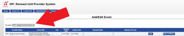 Provider Dropdown for selecting Professional Development Unit Provider on Events Tab