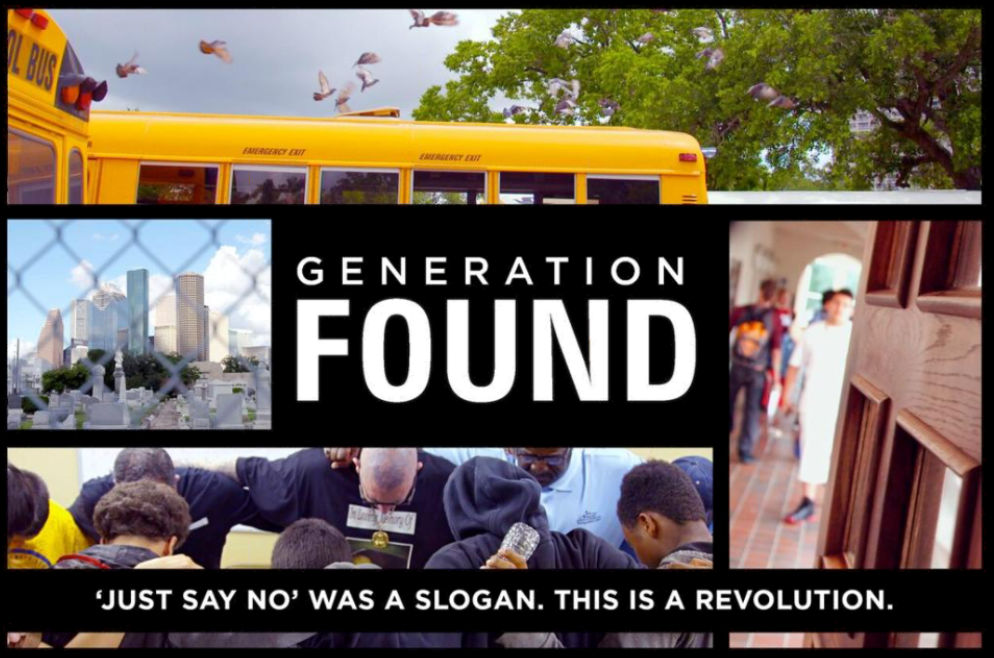 Picture of a School Bus, students in a circle and walking through halls. Links to Generation Found Film website.