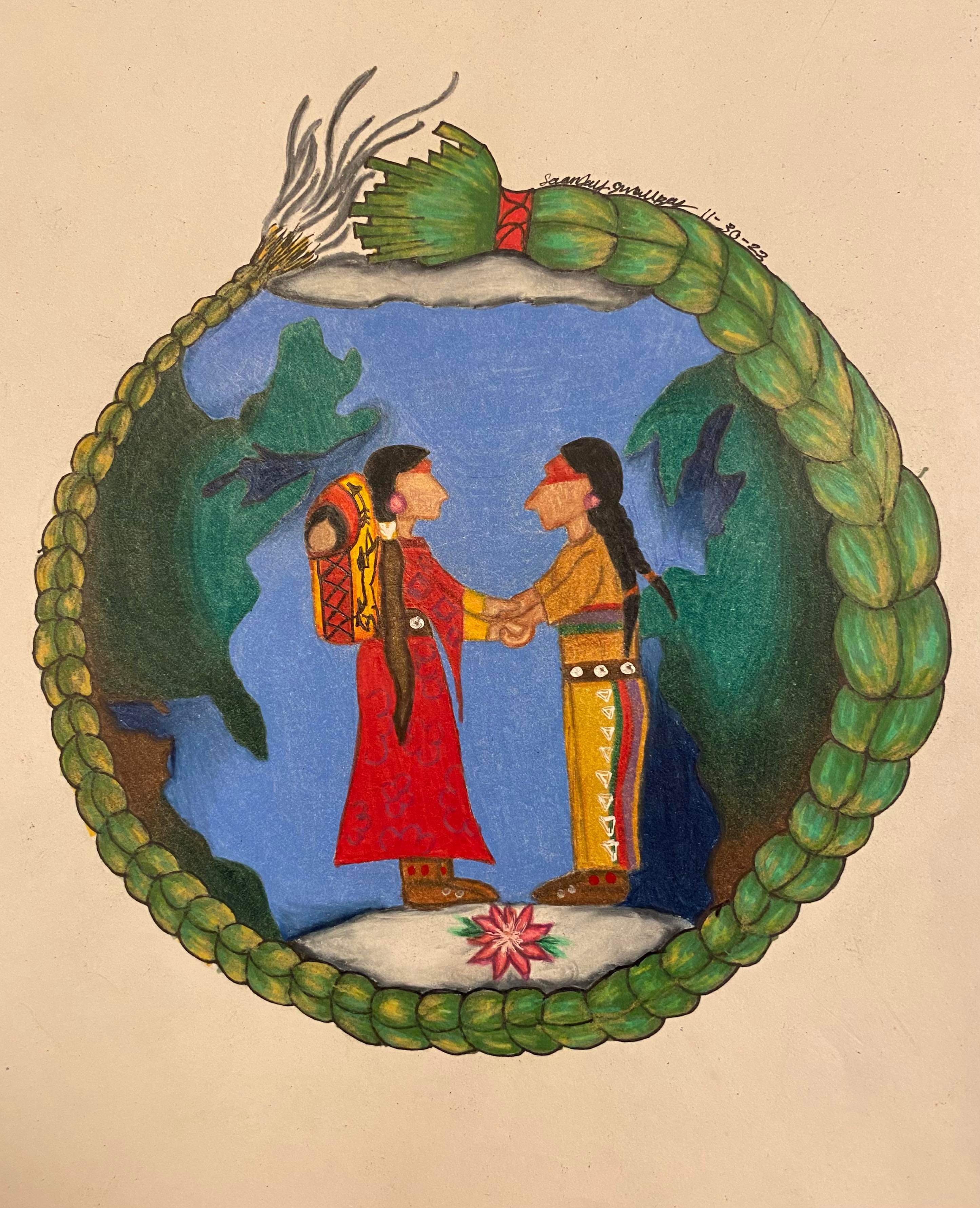 An Indigenous woman with a baby on her back holding hands with in Indigenous man with a braid of sweet grass surrounding them